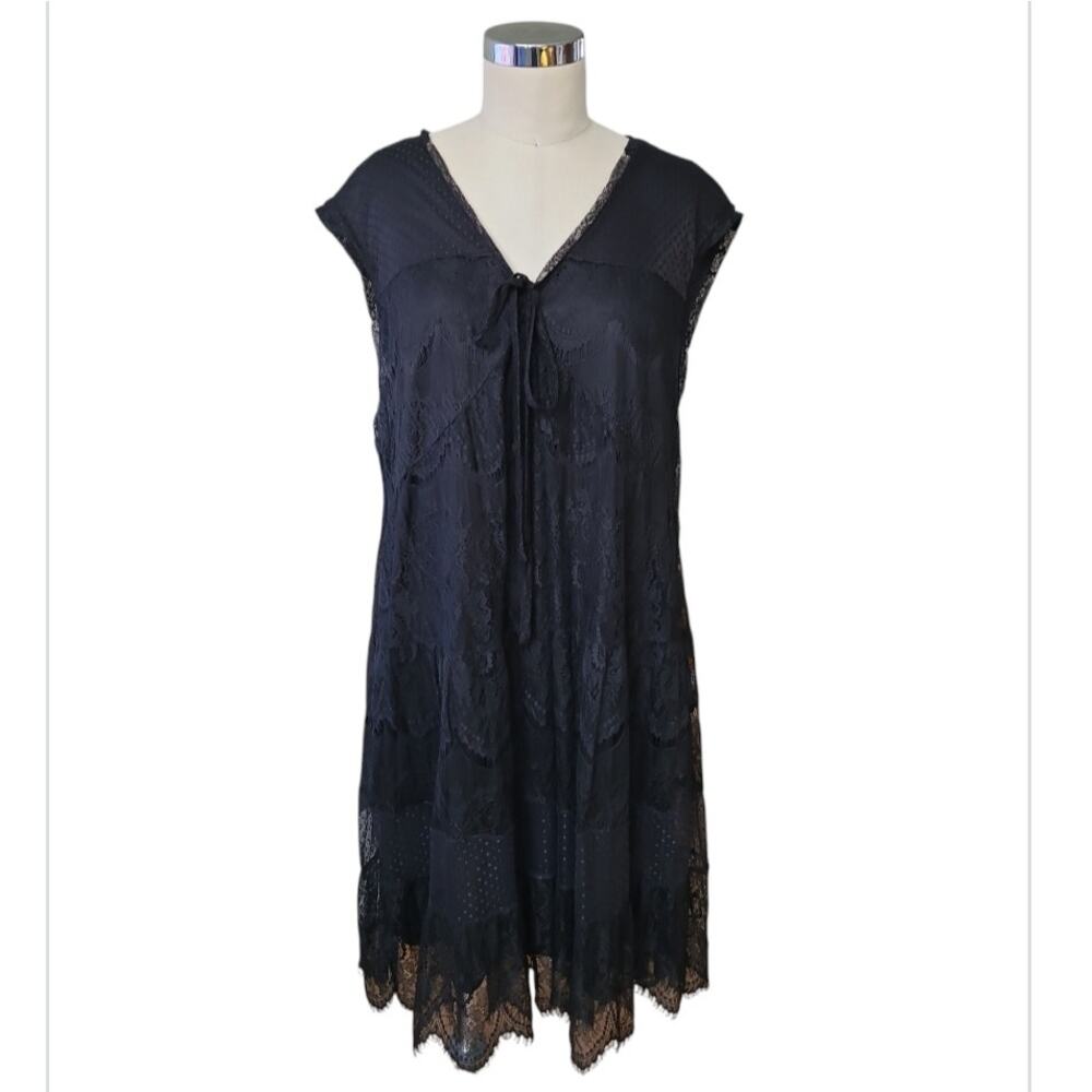 Garnet Hill Black Floral Lace Fringe Tiered Dress XL Boho Spring Wedding Guest